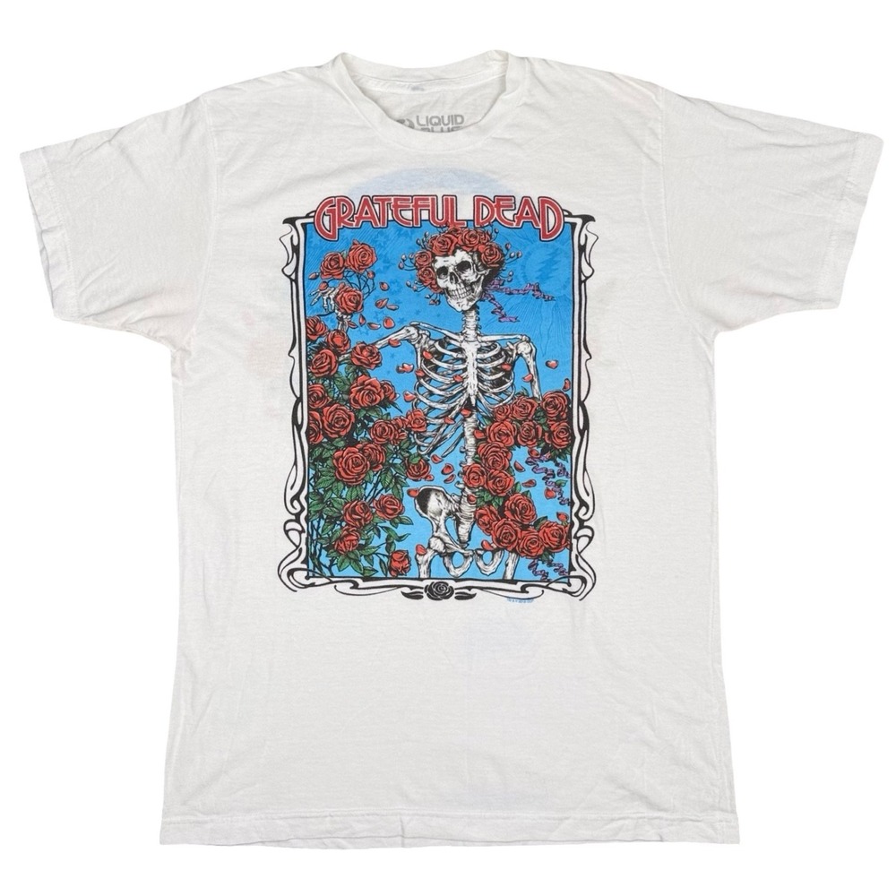 Grateful Dead Liquid Blue Bertha Roses Skeleton Wheel Shirt Medium 2018
